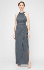 Petite - Halter Neck Glitter Mesh Gown with Cascade Detail Skirt