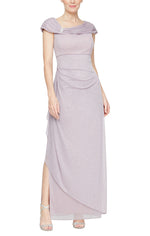 Petite Long Glitter Mesh Sleeveless L-Neck Dress with Embellished Ruched Neckline and Cascade Detail Skirt