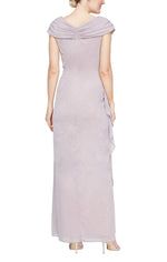 Long Glitter Mesh Sleeveless L-Neck Dress with Embellished Ruched Neckline and Cascade Detail Skirt