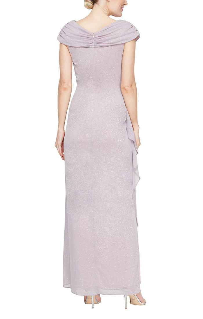 Petite Long Glitter Mesh Sleeveless L-Neck Dress with Embellished Ruched Neckline and Cascade Detail Skirt