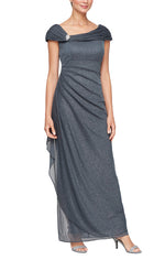 Long Glitter Mesh Sleeveless L-Neck Dress with Embellished Ruched Neckline and Cascade Detail Skirt