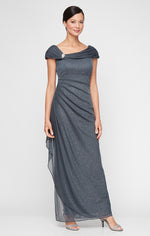 Long Glitter Mesh Sleeveless L-Neck Dress with Embellished Ruched Neckline and Cascade Detail Skirt