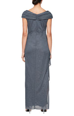 Long Glitter Mesh Sleeveless L-Neck Dress with Embellished Ruched Neckline and Cascade Detail Skirt