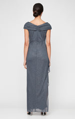 Long Glitter Mesh Sleeveless L-Neck Dress with Embellished Ruched Neckline and Cascade Detail Skirt