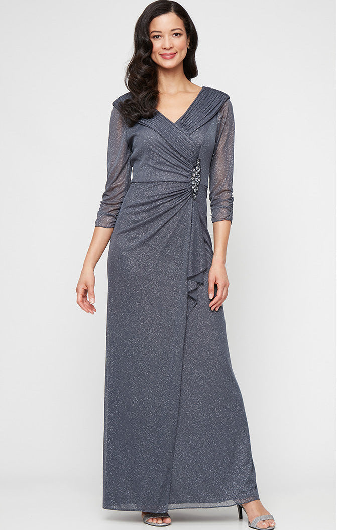knee length dresses for ladies Metallic Crinkle Long Sleeve Sheath Gown in Green main image 1