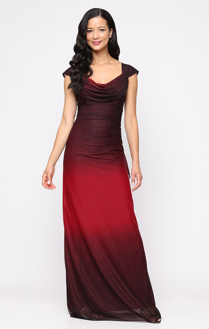 Long Sleeveless Ombre Glitter Mesh Dress with Cowl Neckline and Cascade Detail Skirt