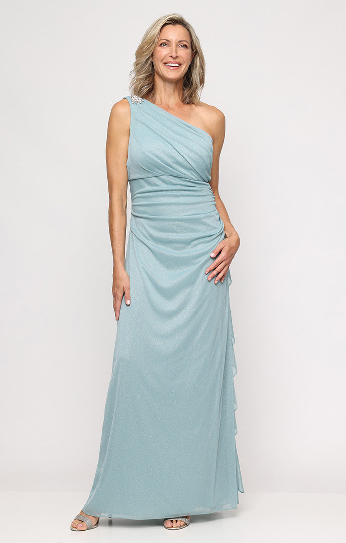 Alex Evenings Women's One Shoulder Glitter Mesh Gown, Sage, 12