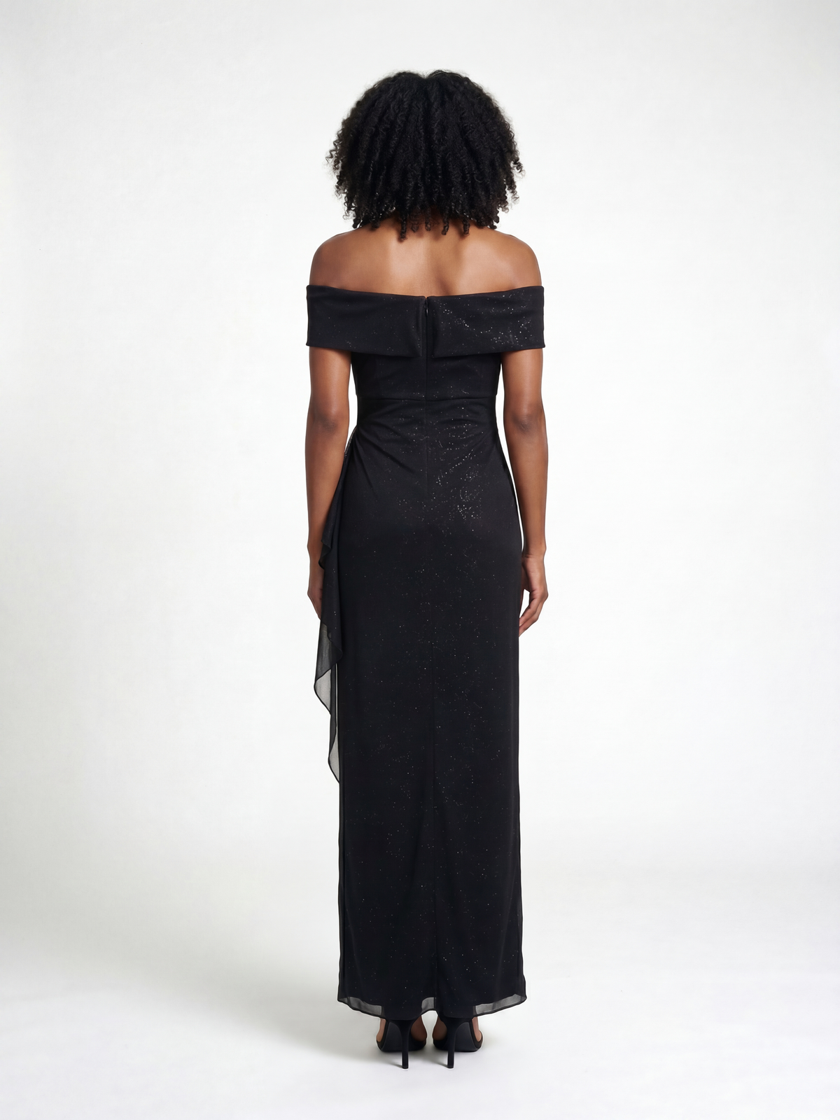 Petite Nadine Glitter Mesh Off the Shoulder Dress