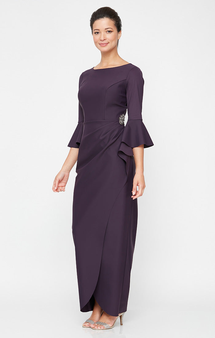 Compression Collection Long Sheath Dress with Bell Sleeves, a Cascade Ruffle Tulip Hem Skirt & Embellishment Detail at Hip