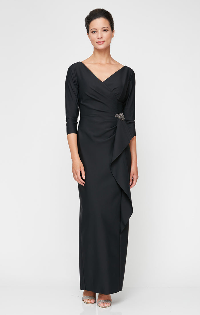 Compression Dress with Surplice Neckline, Cascade Ruffle Skirt and Embellishment Detail at Hip