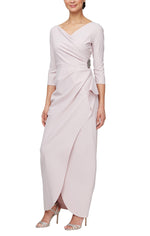 *Long Surplice Sheath Dress With Cascade Tulip Overlay Skirt Detail and Embellishment at Hip