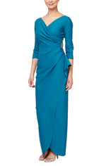 *Long Surplice Sheath Dress With Cascade Tulip Overlay Skirt Detail and Embellishment at Hip