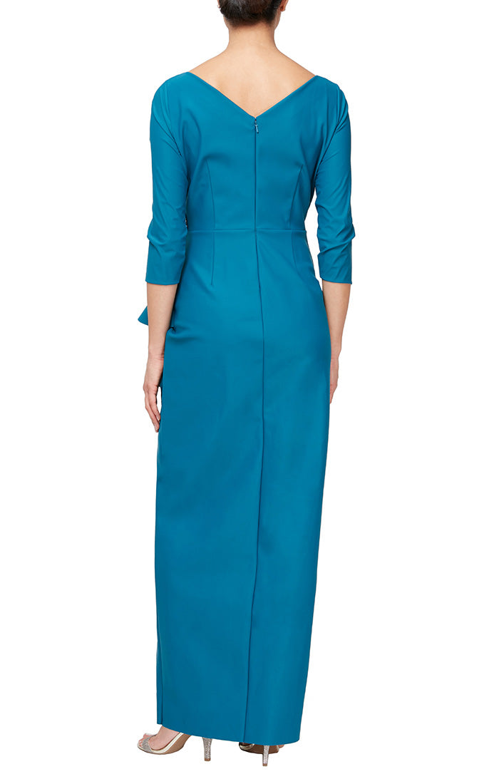 *Long Surplice Sheath Dress With Cascade Tulip Overlay Skirt Detail and Embellishment at Hip