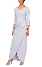 *Long Surplice Sheath Dress With Cascade Tulip Overlay Skirt Detail and Embellishment at Hip