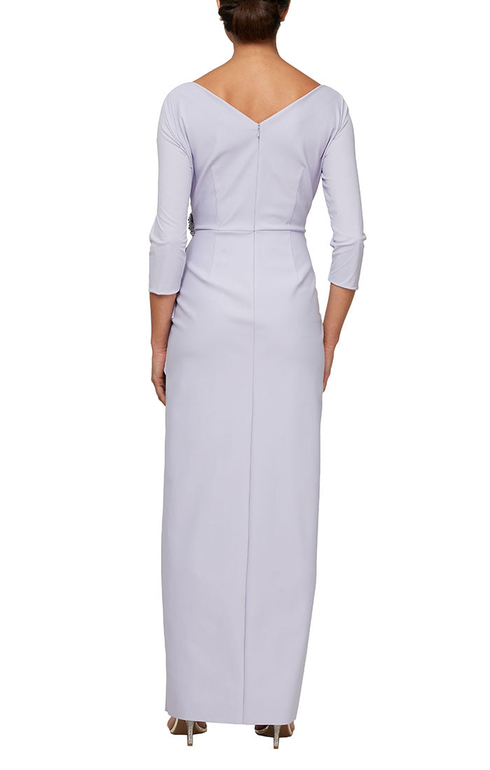 *Long Surplice Sheath Dress With Cascade Tulip Overlay Skirt Detail and Embellishment at Hip