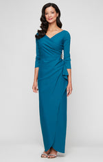 *Long Surplice Sheath Dress With Cascade Tulip Overlay Skirt Detail and Embellishment at Hip