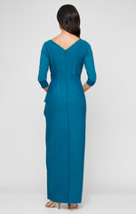 *Long Surplice Sheath Dress With Cascade Tulip Overlay Skirt Detail and Embellishment at Hip