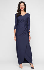 *Long Surplice Sheath Dress With Cascade Tulip Overlay Skirt Detail and Embellishment at Hip