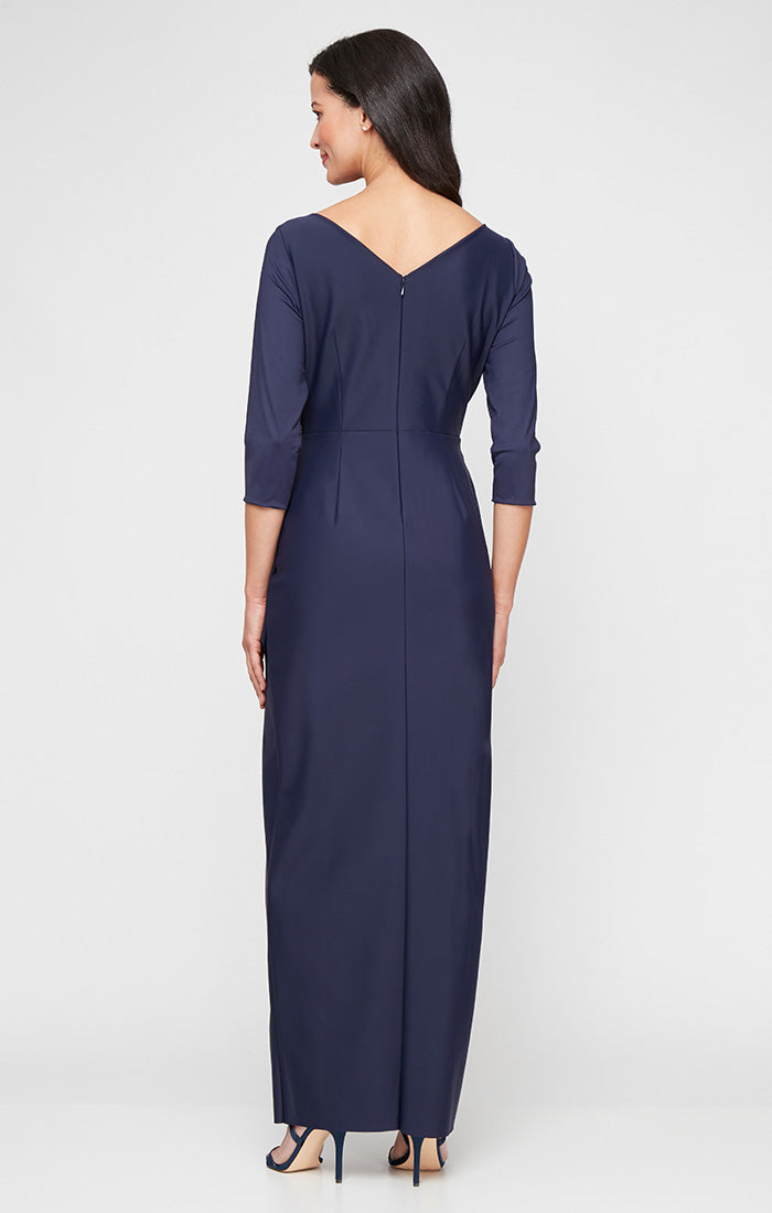 *Long Surplice Sheath Dress With Cascade Tulip Overlay Skirt Detail and Embellishment at Hip