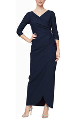 *Long Surplice Sheath Dress With Cascade Tulip Overlay Skirt Detail and Embellishment at Hip