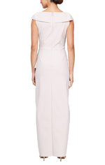 *Sleeveless Portrait Collar Sheath Dress wIth Embellishment Detail at Hip and Cascade Tulip Overlay Skirt