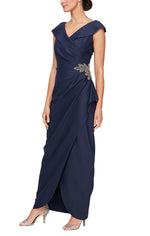 *Sleeveless Portrait Collar Sheath Dress wIth Embellishment Detail at Hip and Cascade Tulip Overlay Skirt