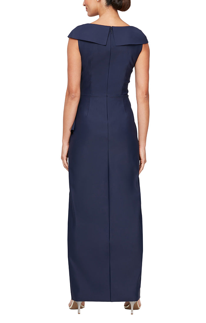 *Sleeveless Portrait Collar Sheath Dress wIth Embellishment Detail at Hip and Cascade Tulip Overlay Skirt