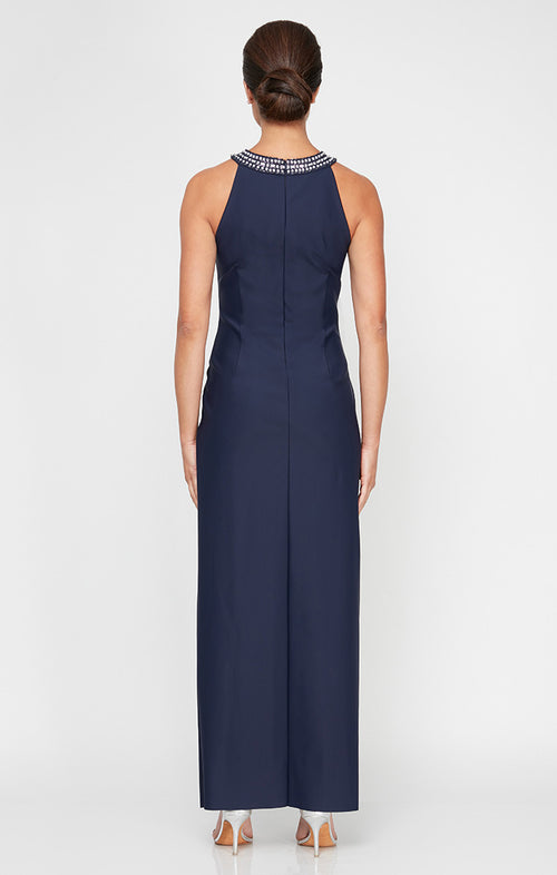 Regular - Halter Neck Column Dress With Embellishment at Neck and Overlay Skirt
