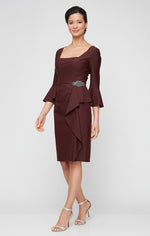 Short Square Neck Sheath Dress with Bell Sleeves & Embellished Cascade Ruffle Detail