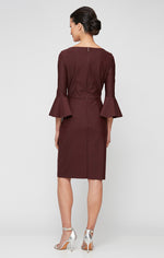 Short Square Neck Sheath Dress with Bell Sleeves & Embellished Cascade Ruffle Detail