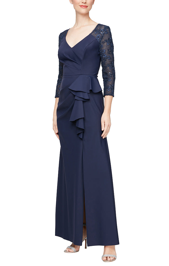 *Long V-Neck Compression Dress With Embroidered Illusion Sleeves and Front Cascade Detail