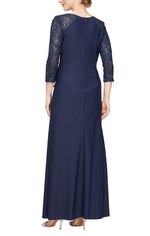 *Long V-Neck Compression Dress With Embroidered Illusion Sleeves and Front Cascade Detail