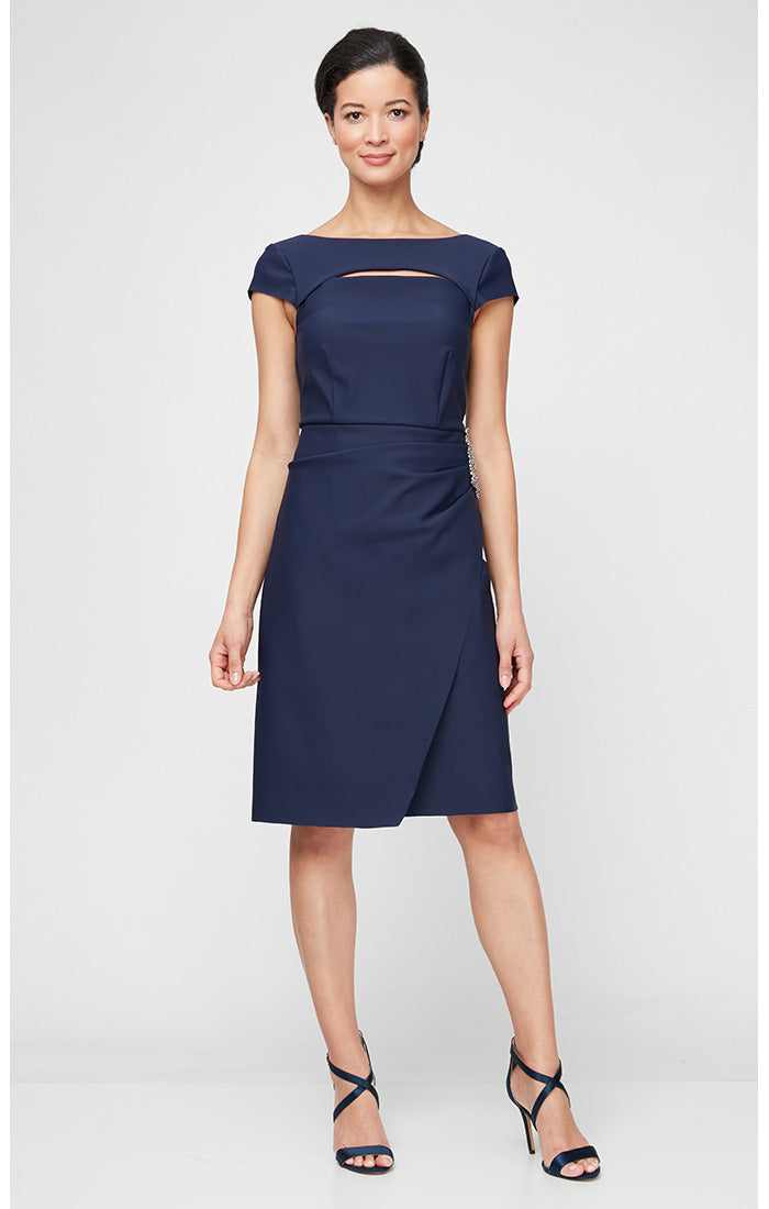 Regular - Cap Sleeve Contour Sheath Cocktail Dress with Split Neckline & Embellishment Detail at Hip