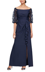 *Long Off the Shoulder Compression Dress with Illusion 3D Flower Sleeves