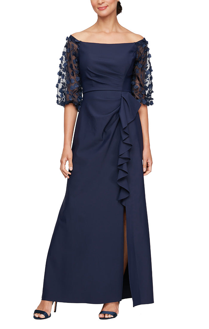 *Long Off the Shoulder Compression Dress with Illusion 3D Flower Sleeves