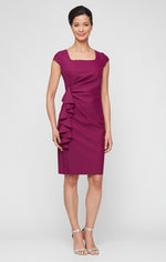 Regular - Compression Square Neck Sheath Dress with Cap Sleeves and Cascade Detail Skirt