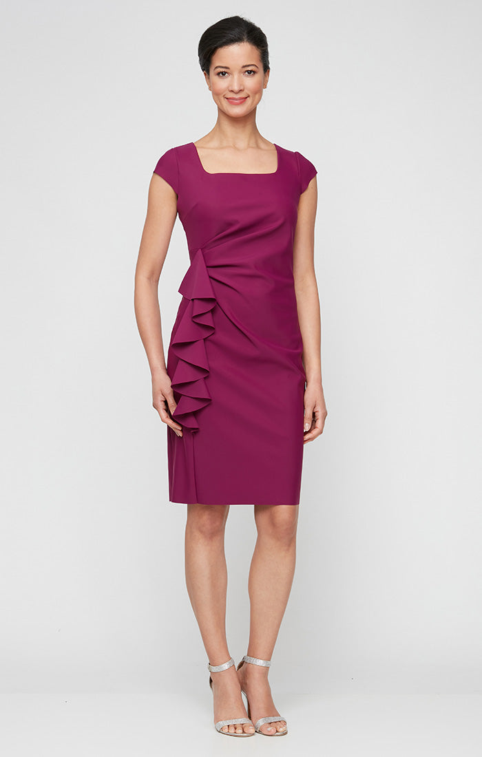 Regular - Compression Square Neck Sheath Dress with Cap Sleeves and Cascade Detail Skirt