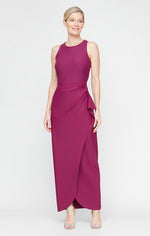 Petite Long Sleeveless Compression Dress with Cutaway Halter Neckline and Cascade Detail Skirt