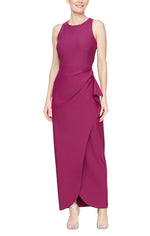 Petite Long Sleeveless Compression Dress with Cutaway Halter Neckline and Cascade Detail Skirt