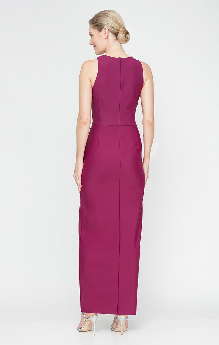 Petite Long Sleeveless Compression Dress with Cutaway Halter Neckline and Cascade Detail Skirt