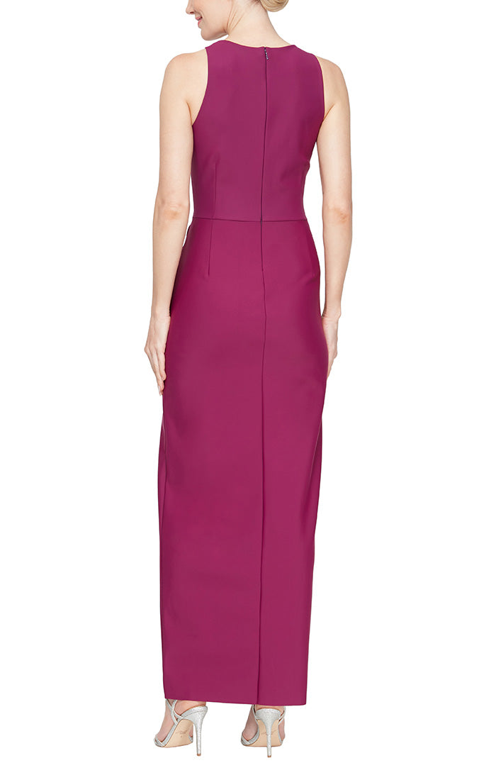 Petite Long Sleeveless Compression Dress with Cutaway Halter Neckline and Cascade Detail Skirt