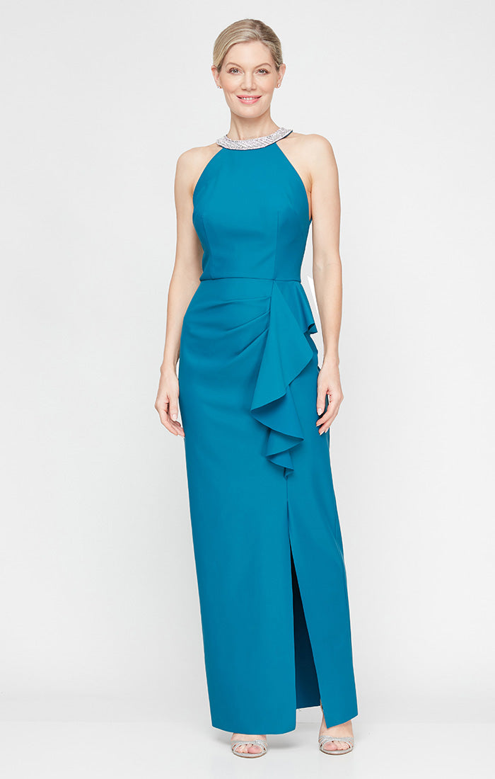 Long Halter Neck Compression Dress with Embellished Neckline and Cascade Skirt