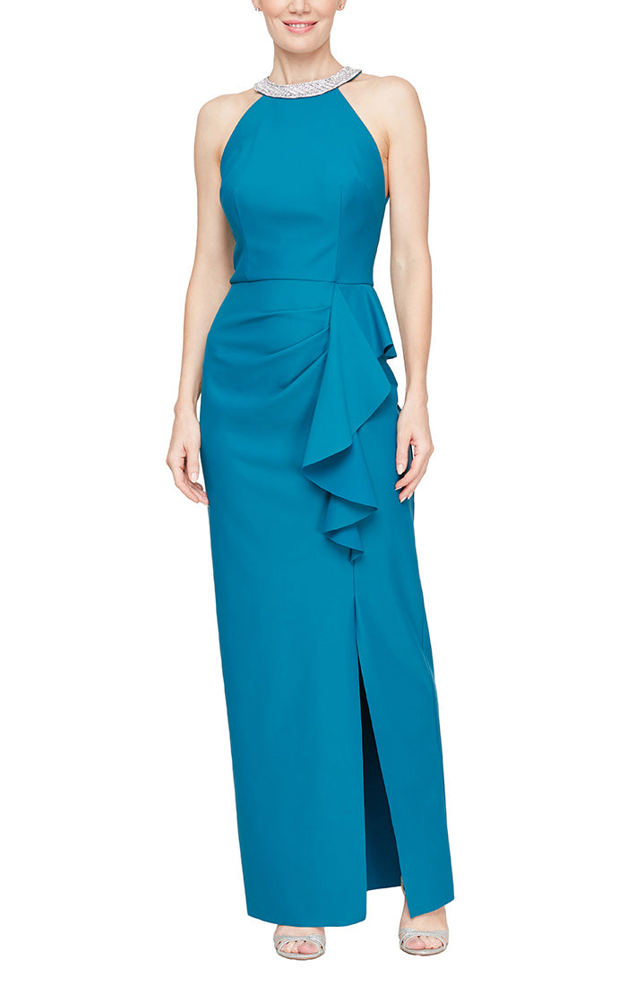 Petite Long Halter Neck Compression Dress with Embellished Neckline and Cascade Skirt