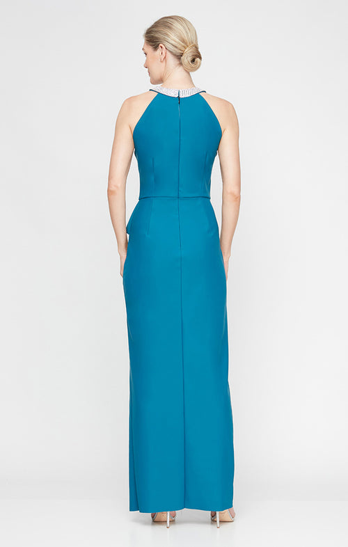 Long Halter Neck Compression Dress with Embellished Neckline and Cascade Skirt