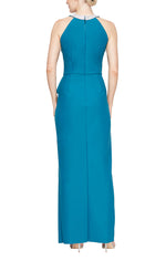 Petite Long Halter Neck Compression Dress with Embellished Neckline and Cascade Skirt