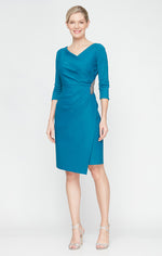 Short Surplice Sheath Compression Dress with Embellished Detail at Hip and 3/4 Sleeves