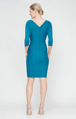 Short Surplice Sheath Compression Dress with Embellished Detail at Hip and 3/4 Sleeves