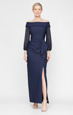 Regular - Off-the-Shoulder Dress with Sheer Chiffon Sleeves, Cascade Ruffle Skirt and Front Slit