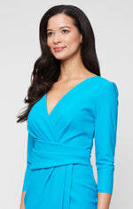 Short Compression Sheath Dress with Surplice Neckline, Gathered Waist Detail and Overlay Skirt