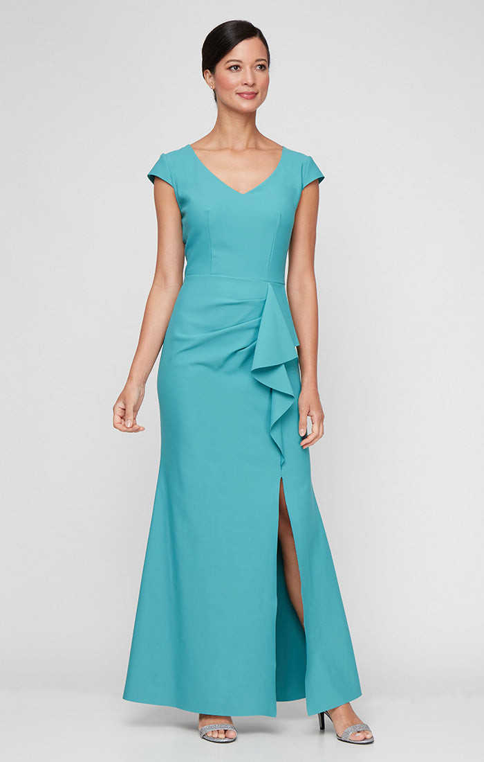 Compression V-Neck Gown with Cap Sleeves & Cascade Ruffle Skirt